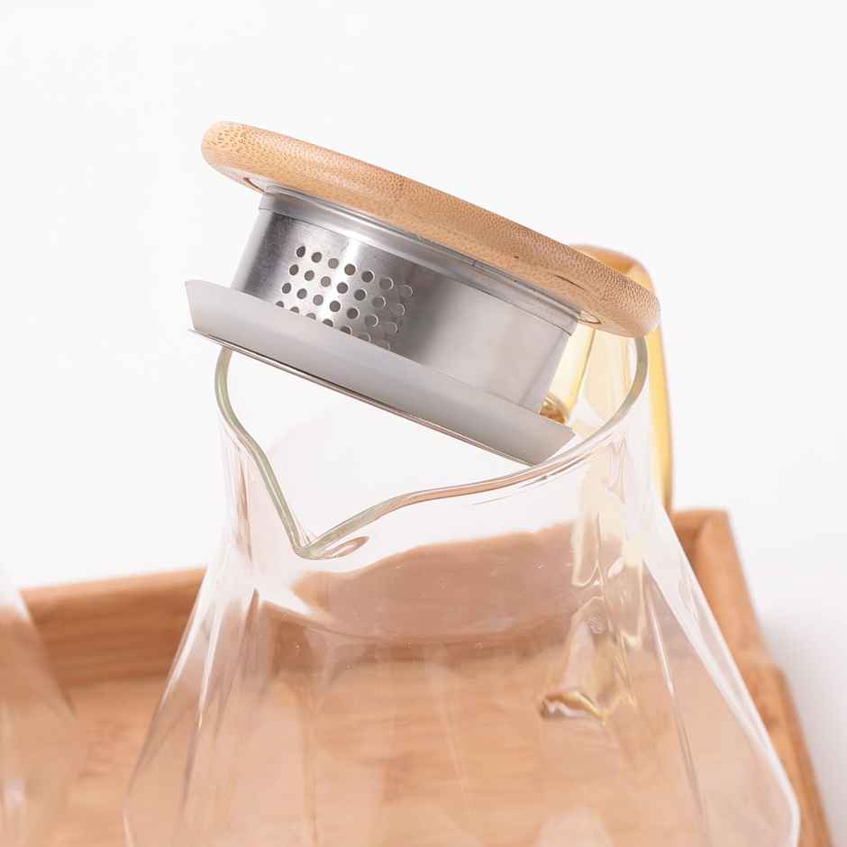 Umai Borosilicate Glass Water Jug With Lid (2000 ml), 4 Cups (340 ml) & Tray | Glass Jug For Water