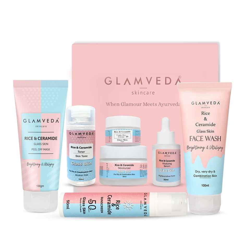 Glamveda Korean Glass Skin Rice and Ceramide 7 Step Weekly Skincare Routine For Women with Gift Box