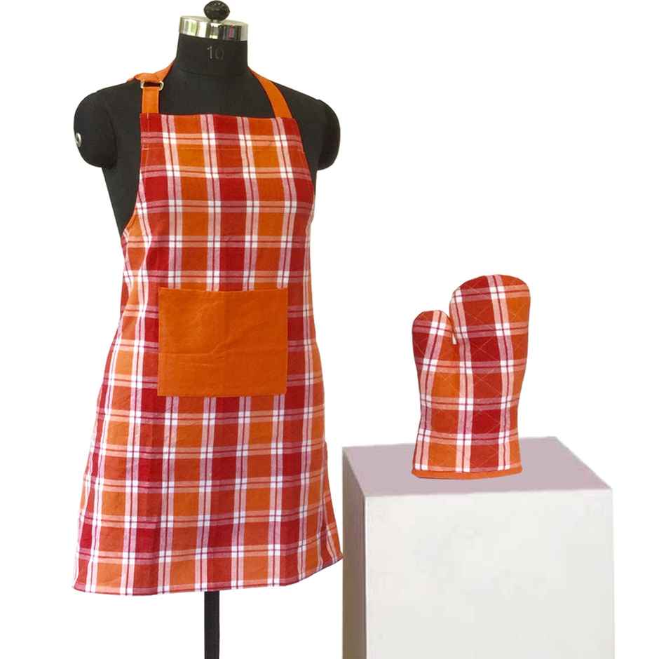 Lushomes Cooking Apron and Oven Glove Set - Red and Orange | Glove 17 x 32 cm | Apron 60 x 80 cm