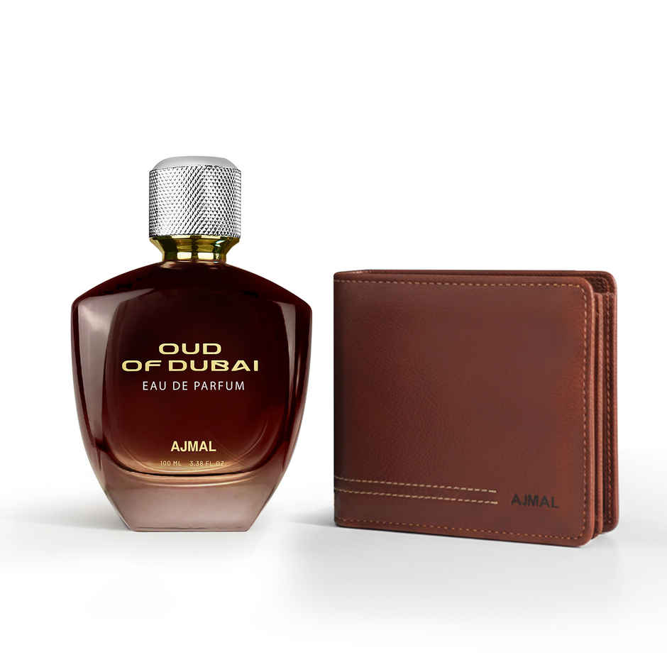 Ajmal Men's Gift Set Oud of Dubai EDP Leather Wallet