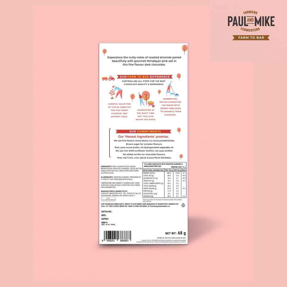 Paul And Mike 72% Dark Chocolate with Roasted Almonds & Himalayan Pink Salt