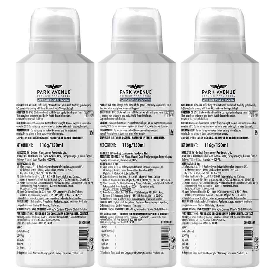 Park Avenue Signature Collection Pemium Body Spray For Men 2 Voyage + 1 Neo Fragrance - (Pack Of 3)