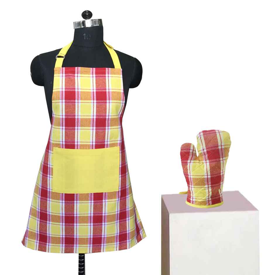Lushomes Cooking Apron and Oven Glove Set - Red and Yellow | Glove 17 x 32 cm | Apron 60 x 80 cm