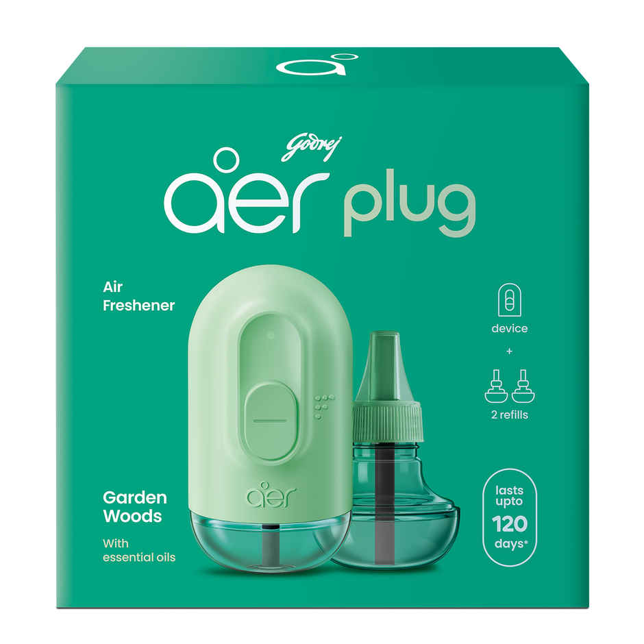 Godrej aer Plug Electric Air Freshener Machine with 2 Refills, Garden Woods Fragrance, Lasts Up to 120 Days