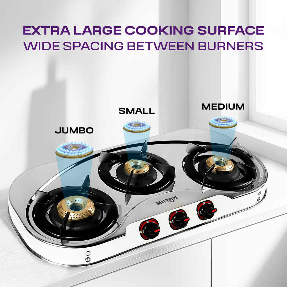 Milton Royal Stainless Steel Gas Stove 3 Burners | ISI Certified Manual Ignition 3 Burner Gas Stove