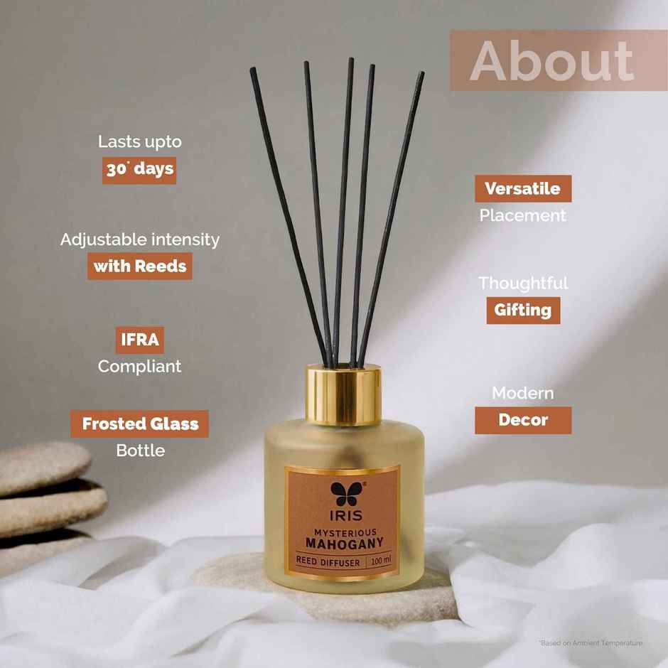IRIS Mysterious Mahagony Frosted Glass Reed Diffuser Set | Oil and 5 Fibre Reed sticks