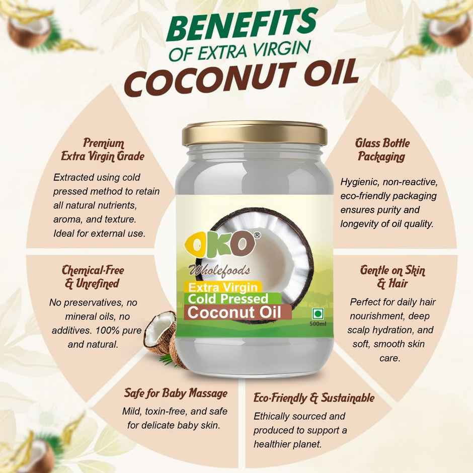 OKO Wholefoods Organic Extra Virgin Coconut Oil | Cold Pressed & Unrefined | Glass Bottle