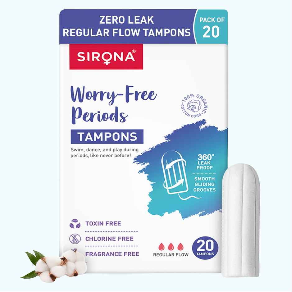Sirona Regular Flow Tampons | Organic Cotton Core | Ultra-High Absorbency | Leak-Proof Protection (20pc) & Sirona Herbal Period Pain Relief Patches| Relief From Menstrual Cramps | Cool Patches (5pc) Combo