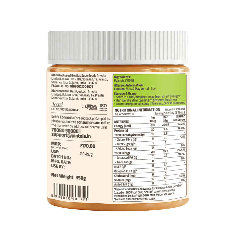 Pintola All Natural Peanut Butter, Extra Crunchy, Unsweetened, 30g Protein, Vegan, Gluten Free