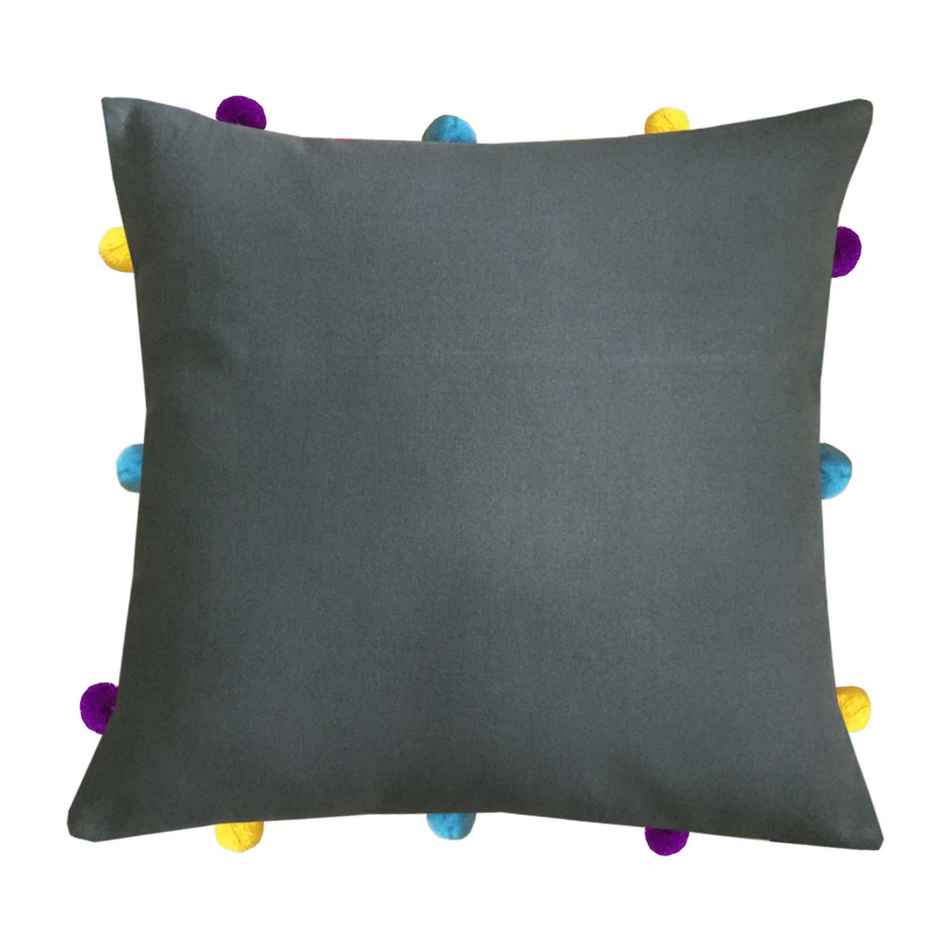 Lushomes Cushion Cover with Pom Pom - Grey | 12 x 12 inch