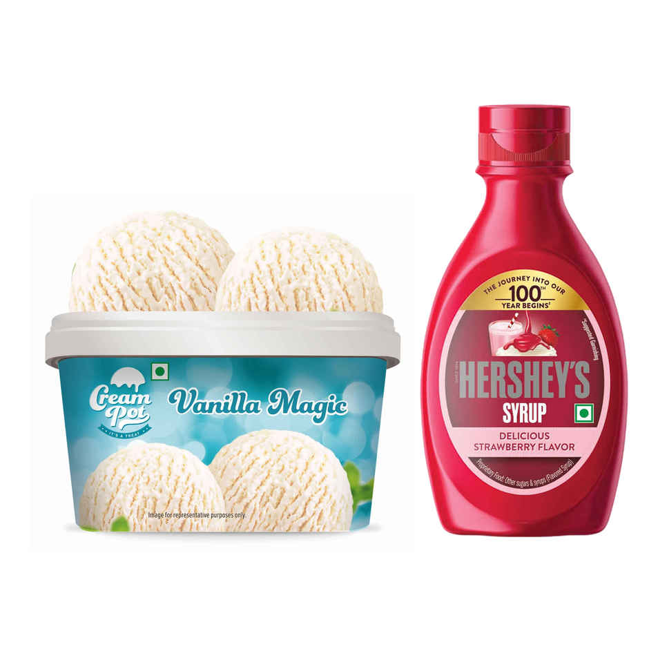 Cream Pot Vanilla Tub | Frozen Dessert Tub (1L) & Hershey'S Strawberry Syrup (180g) Combo