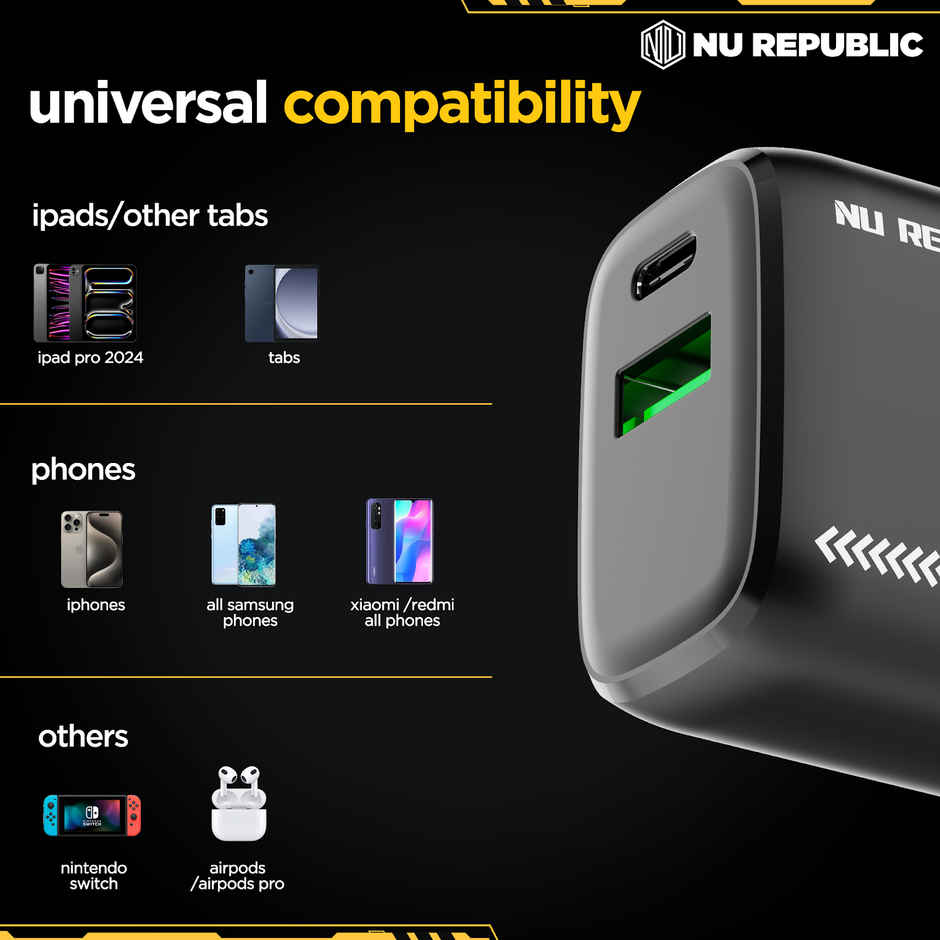 Nu Republic 30 W GaN 4 A Dual Port Mobile Charger with Detachable Cable - Black