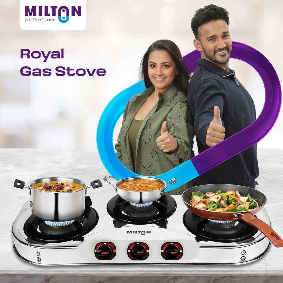 Milton Royal Stainless Steel Gas Stove 3 Burners | ISI Certified Manual Ignition