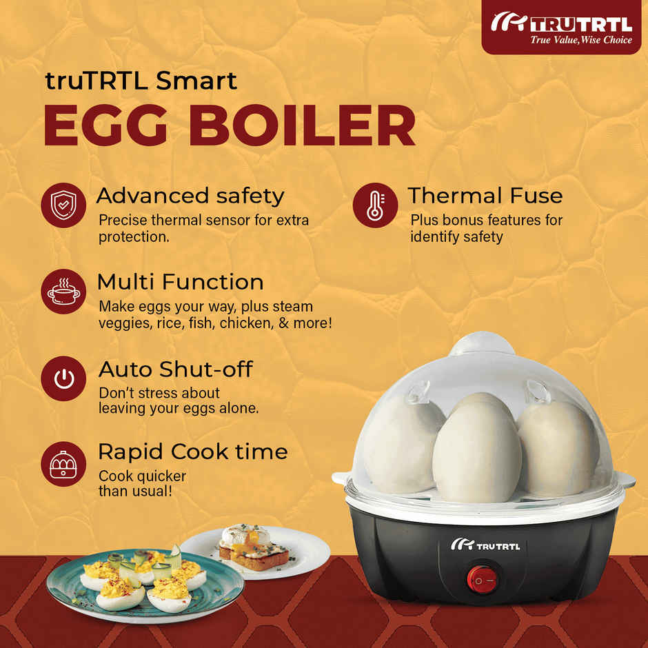truTRTL Smart Instant Egg Boiler Machine 350 Watts | Plastic, 414 ml, Boil upto 7 Eggs (Hard, Medium, Soft)Automatic, Overheat Protection - Black