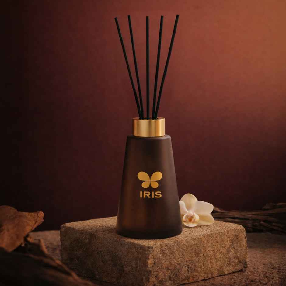 IRIS Oudh Noir Frosted Glass Reed Diffuser Set | Oil and 5 Fibre Reed sticks