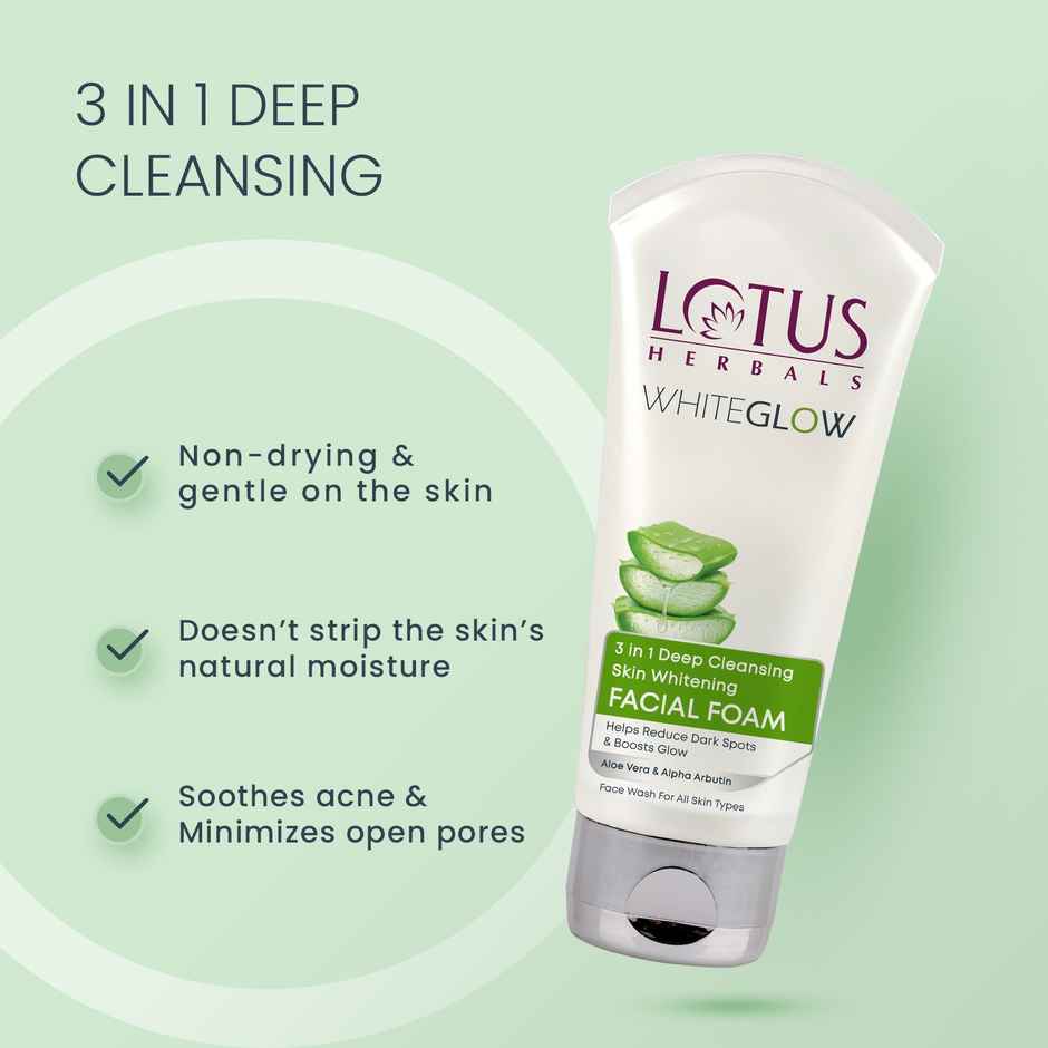 Lotus Herbals Whiteglow 3 In 1 Deep Cleaning Skin Whitening Facial Foam, Chemical Free