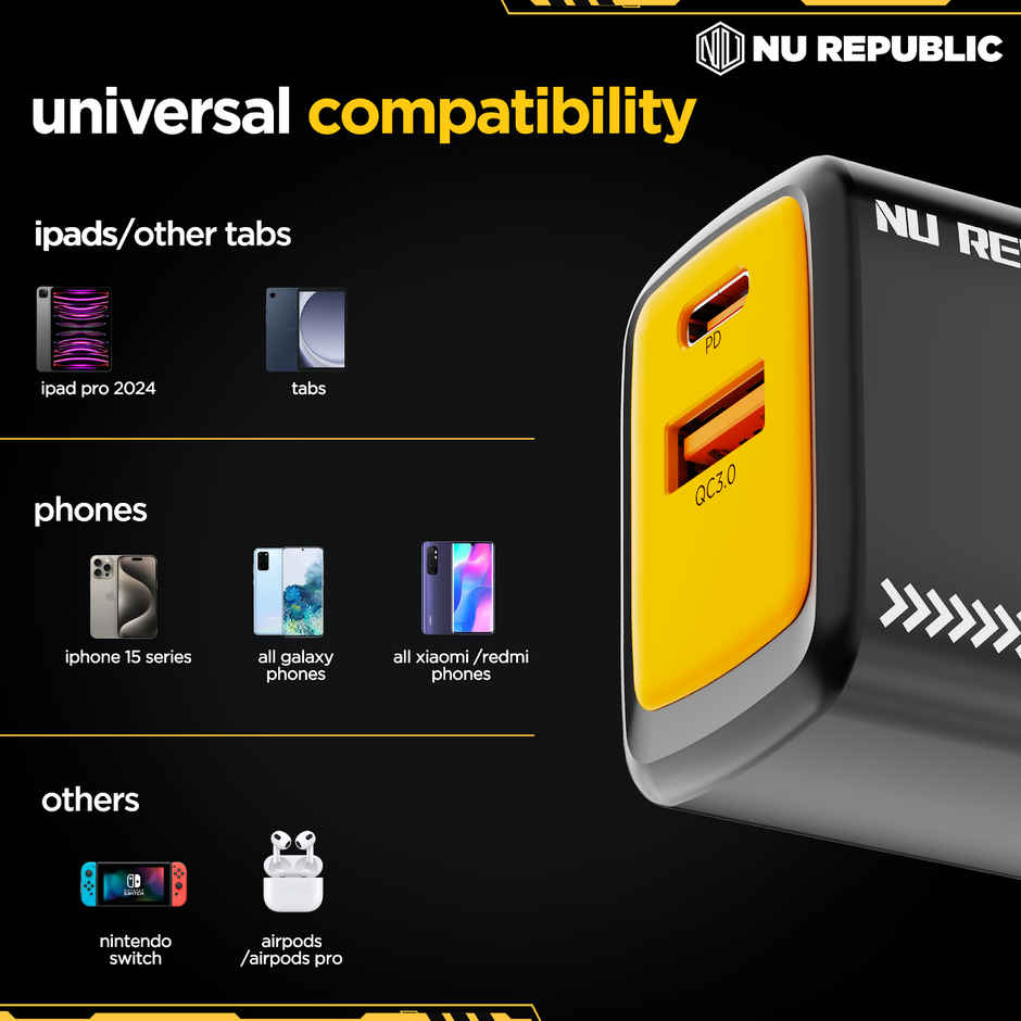 Nu Republic Cybotron 45W Dual Port Gan Superfast Wall Charger, USB & Type C Port, QC PD Technology with Type-C to C Cable, Supports MacBook, Type-C Laptops, iPhone, Samsung, OnePlus etc (Black)