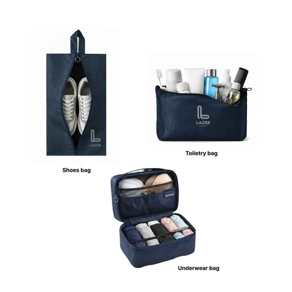 Lazer Polyester Travel Organizer Bag 3 Packing Cubes + 3 Pouches + 1 Toiletry | Dark Blue