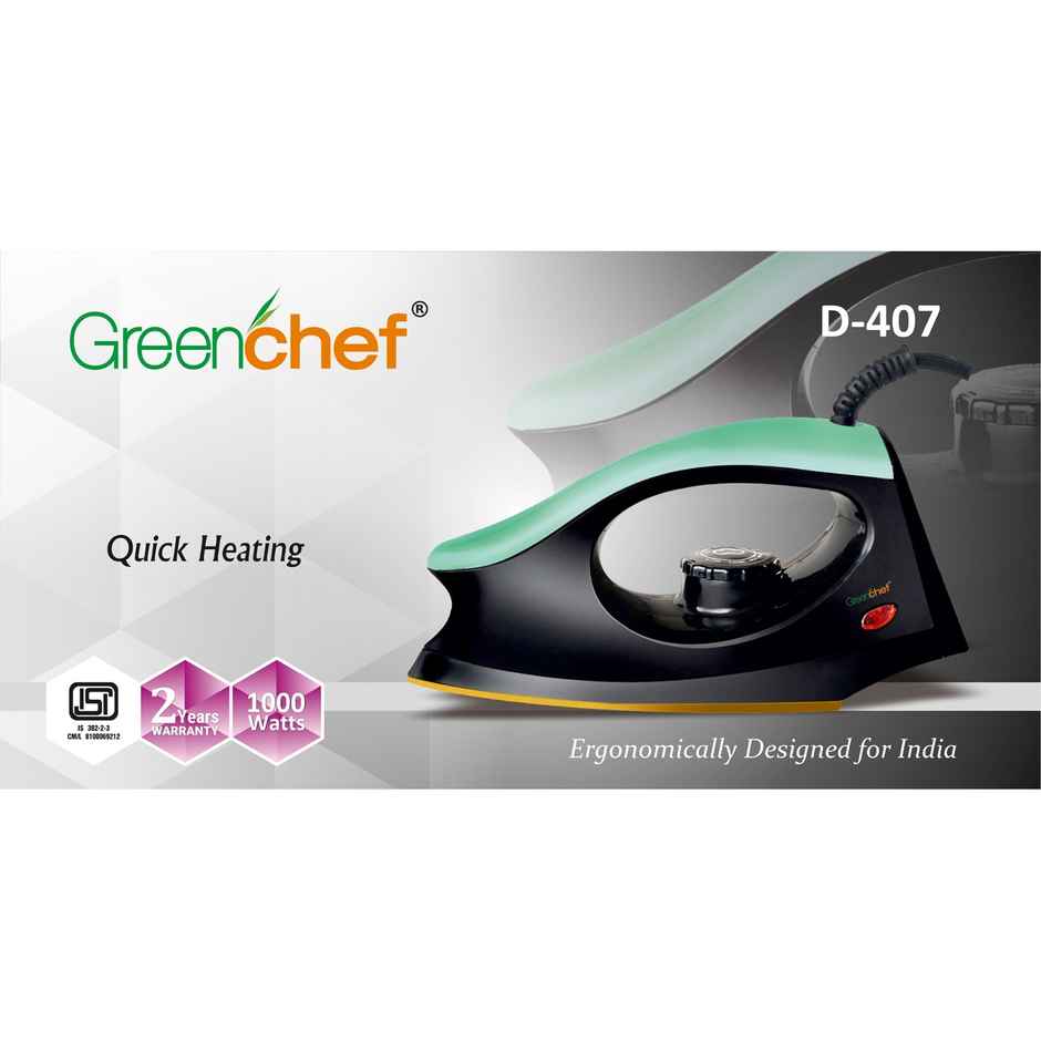 Greenchef D - 407 Dry Iron, 1000W, 360 Degree Swivel Cord, Cool Touch Body - Black