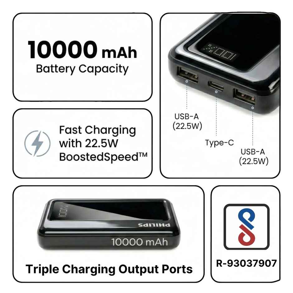 Philips 10000mAh 22.5W Max Fast Charging Power Bank with Digital LED Display | Slate Black