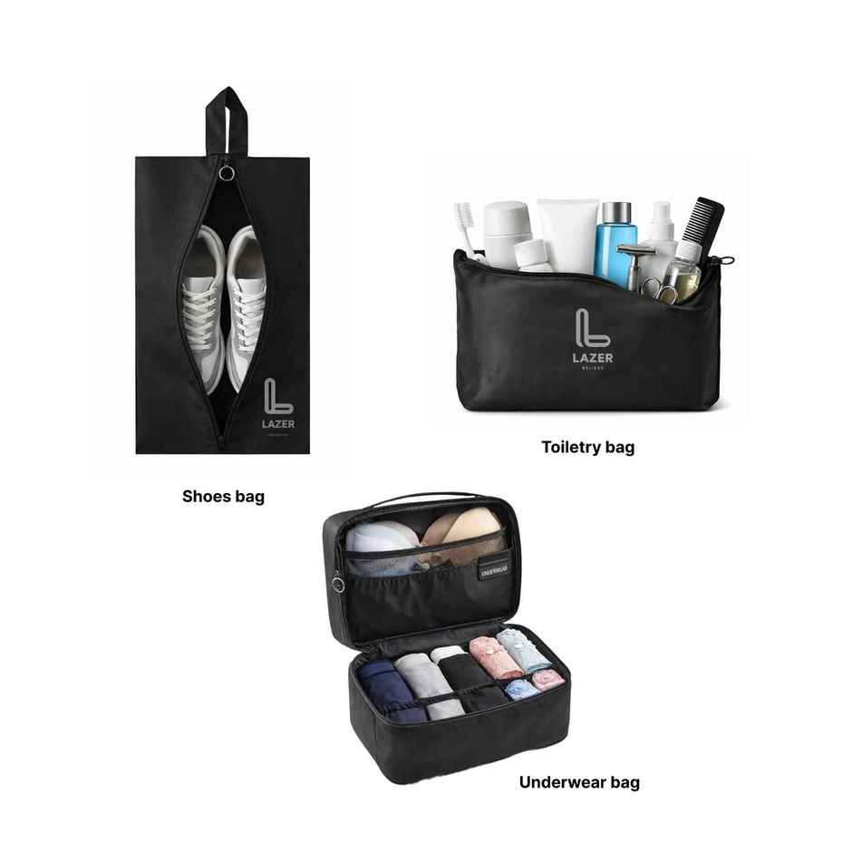 Lazer Polyester Travel Organizer Bag 3 Packing Cubes + 3 Pouches + 1 Toiletry Organizer Bag | Black