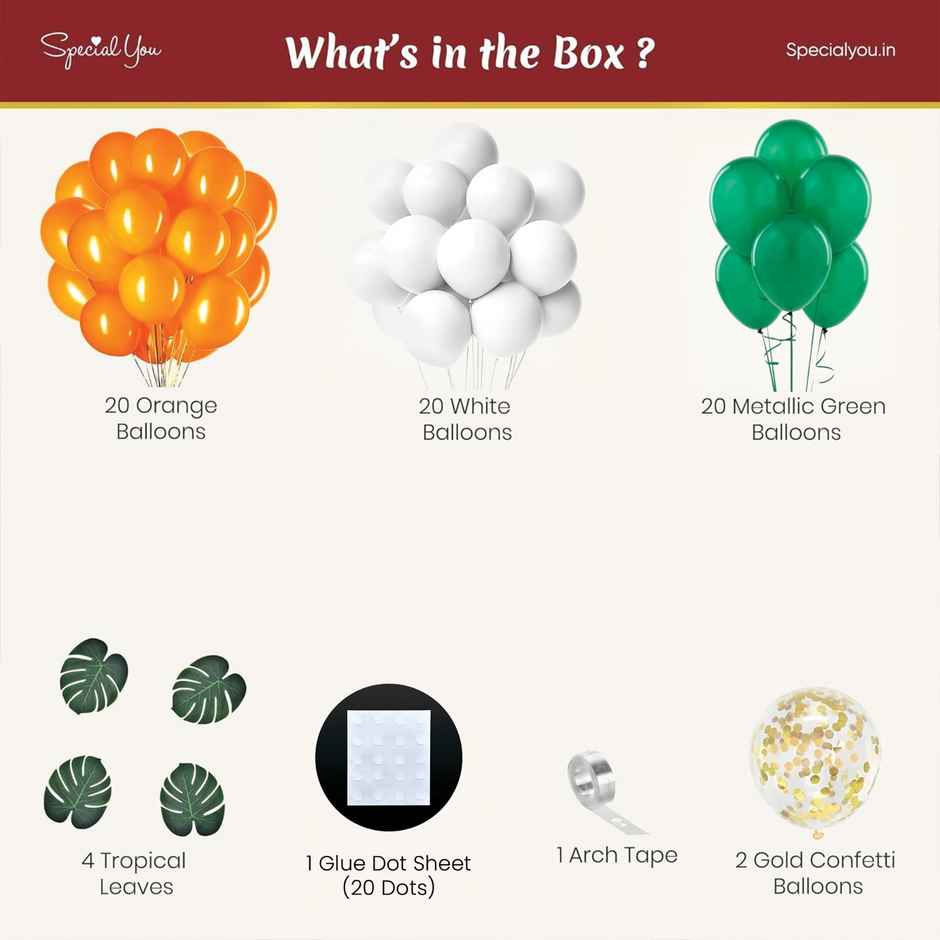 Independence Day Tricolor Decoration Kit | Balloons,Tropical Leaves,Confetti | Pack of 68 | Special You