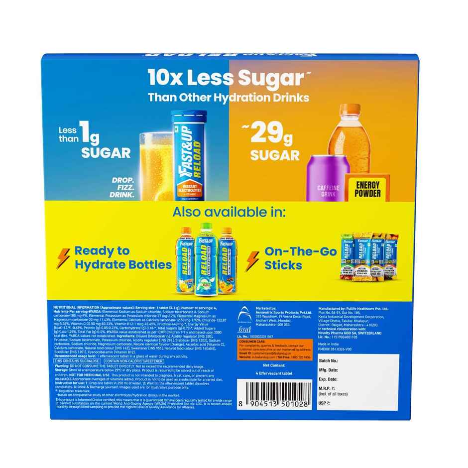 Fast&Up Reload Low Sugar Instant Hydration with 5 Essential Electrolytes | Orange