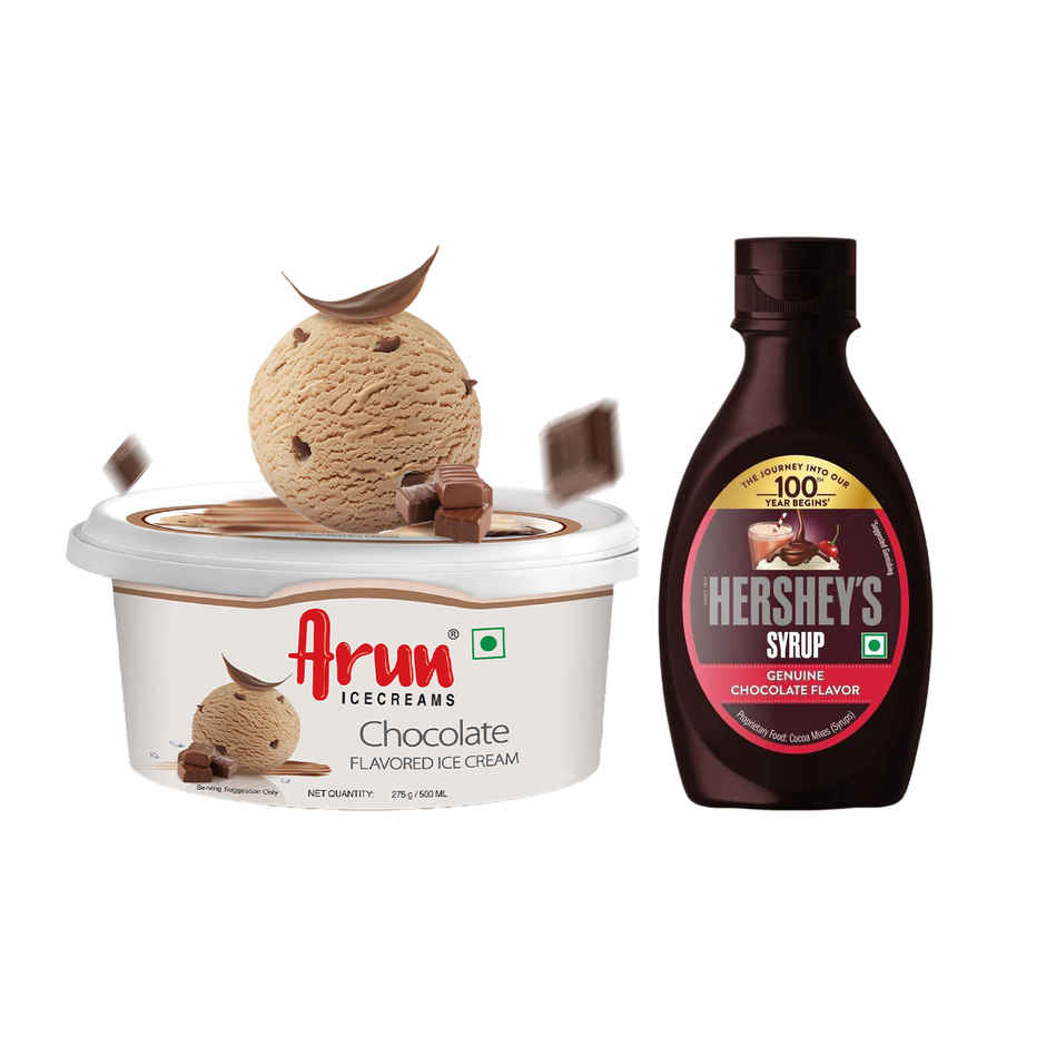 Arun Chocolate Flavoured Ice Cream Tub (500ml) & Hershey'S Chocolate Syrup | Topping Sauce (180g) Combo