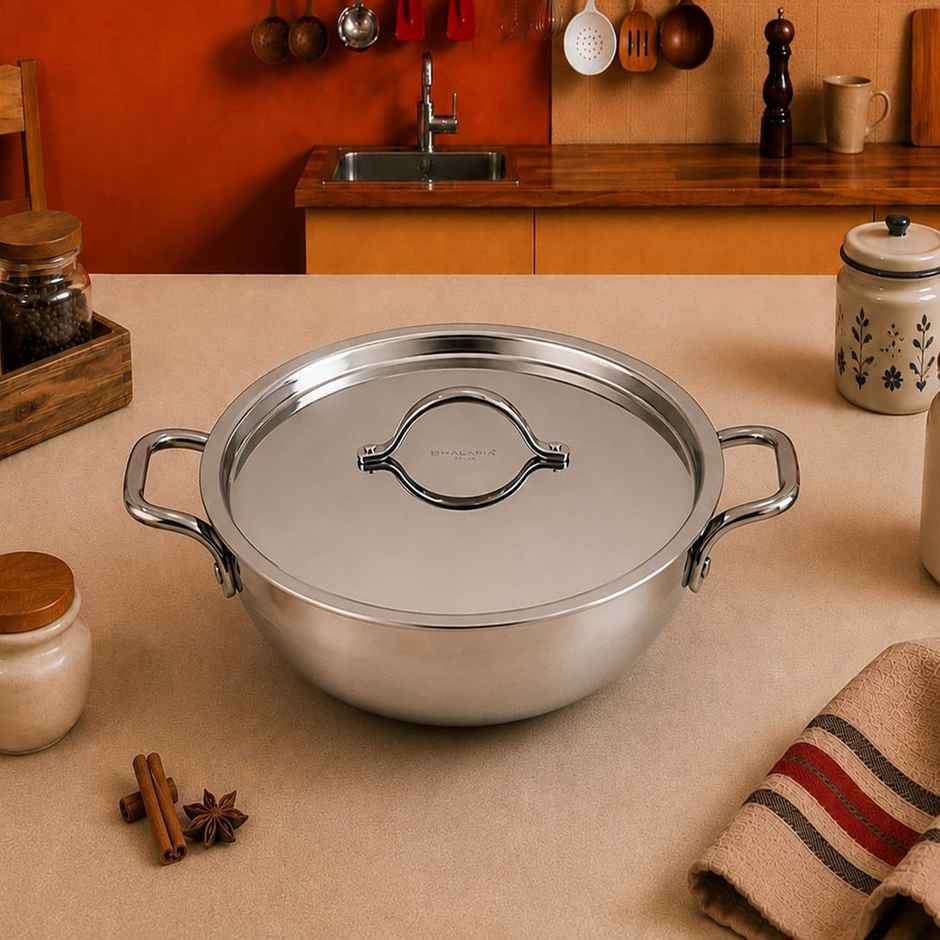 Bhalaria Triply Stainless Steel Kadai | 24 cm | 2.5 L | Glass Lid | Gas & Induction Compatible