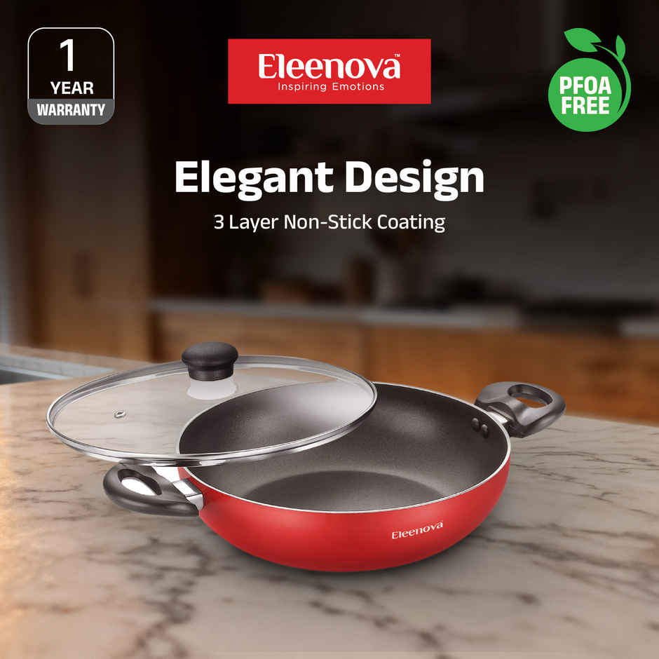 Eleenova Magic Nonstick | Non - Induction Kadai with Glass Lid | 3 Layer Non Stick Coating