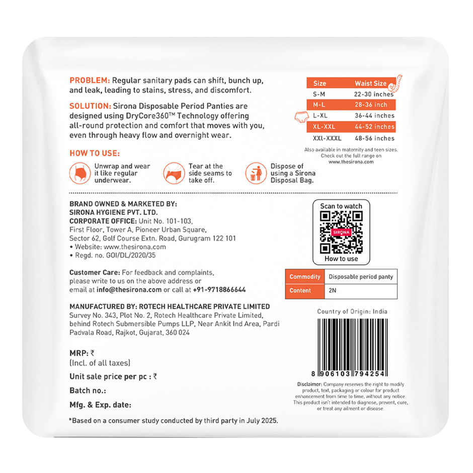 Sirona Disposable Period Panties L-XL | 360 Protection 12 Hours | No Leakage No Discomfort