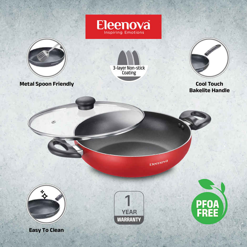 Eleenova Magic Nonstick | Non - Induction Kadai with Glass Lid | 3 Layer Non Stick Coating