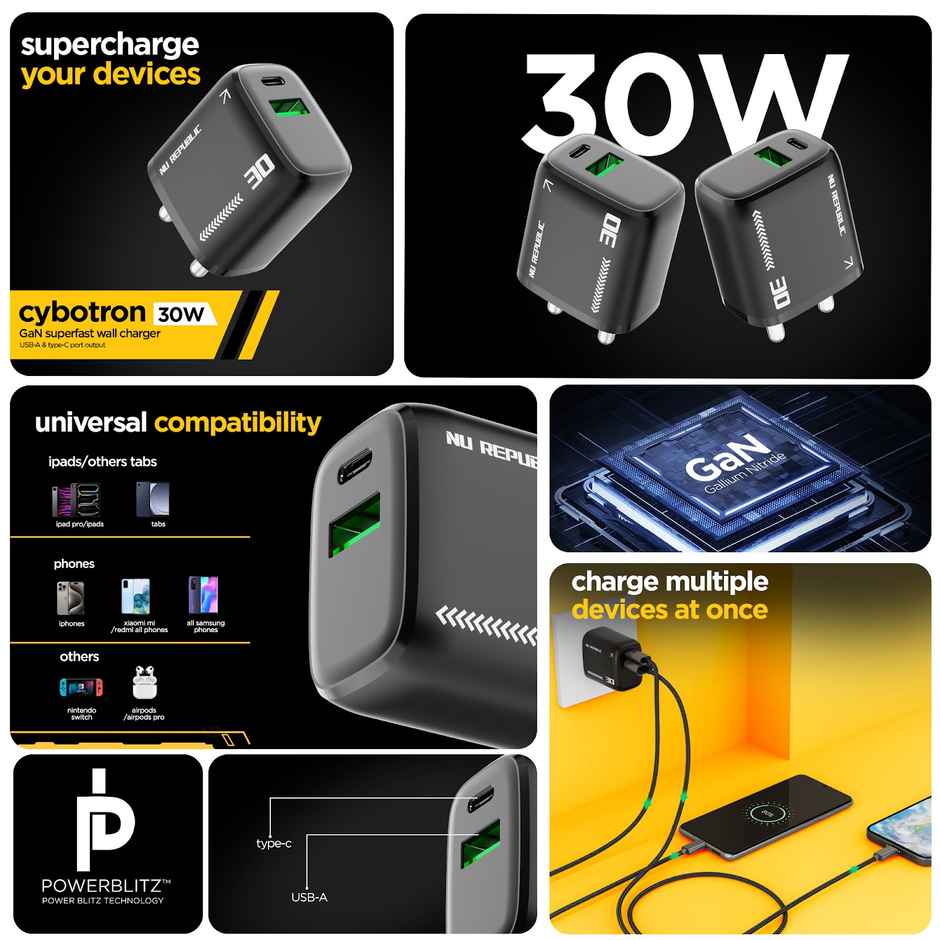 Nu Republic 30 W GaN 4 A Dual Port Mobile Charger with Detachable Cable - Black