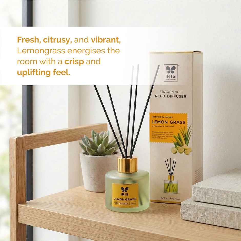 IRIS Lemongrass Frosted Glass Reed Diffuser Set | Oil and 5 Fibre Reed sticks