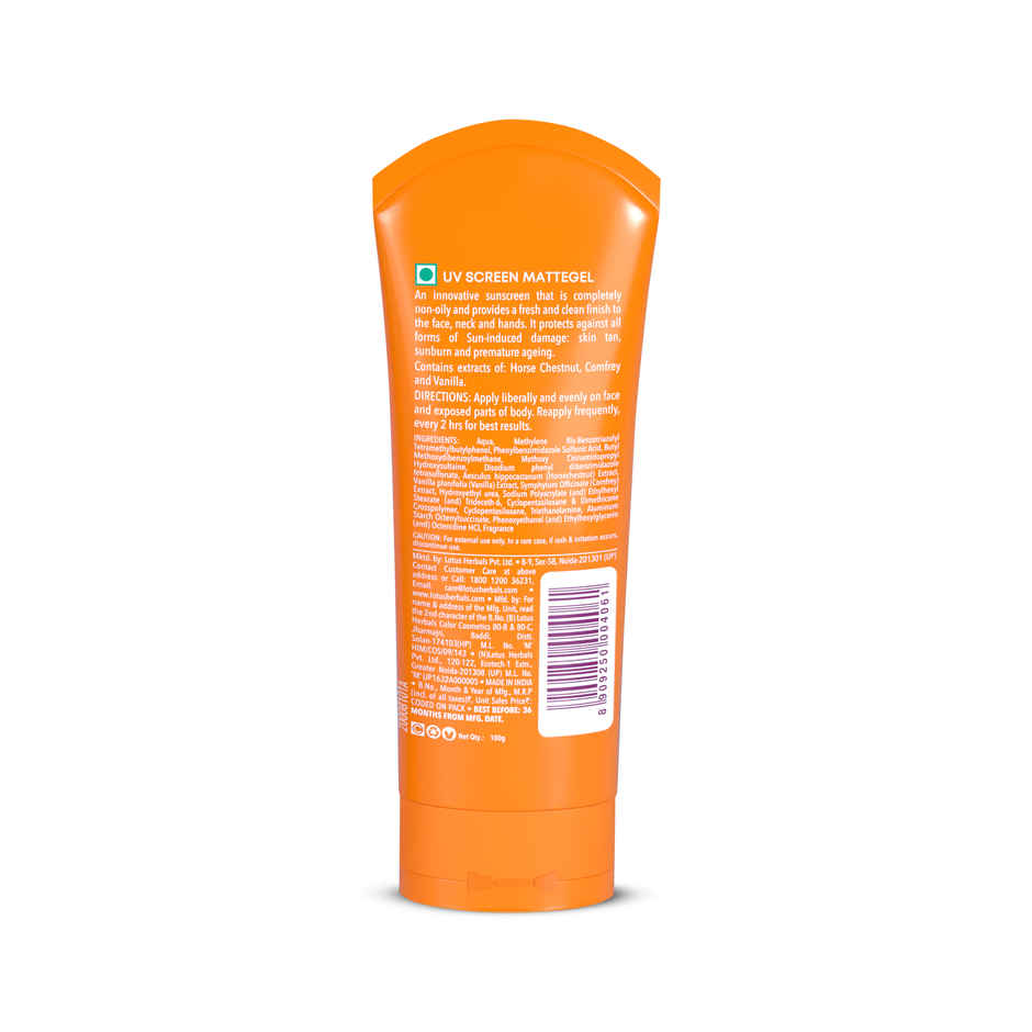 Lotus Herbals Safe Sun Uv Screen Mattegel Ultra Soothing Sunscreen PA+++ SPF 50 Matte Look Oil Control For Normal to Oily Skin