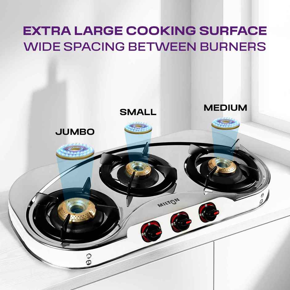 Milton Royal Stainless Steel Gas Stove 3 Burners | ISI Certified Manual Ignition