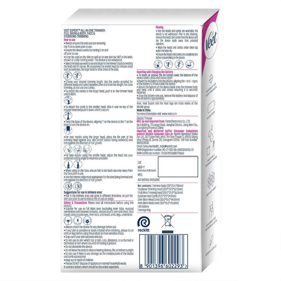 Veet Expert All-in-One Female Body Trimmer | Full Body, Bikini, Face & Eyebrow Grooming Trimmer - Black & Pink