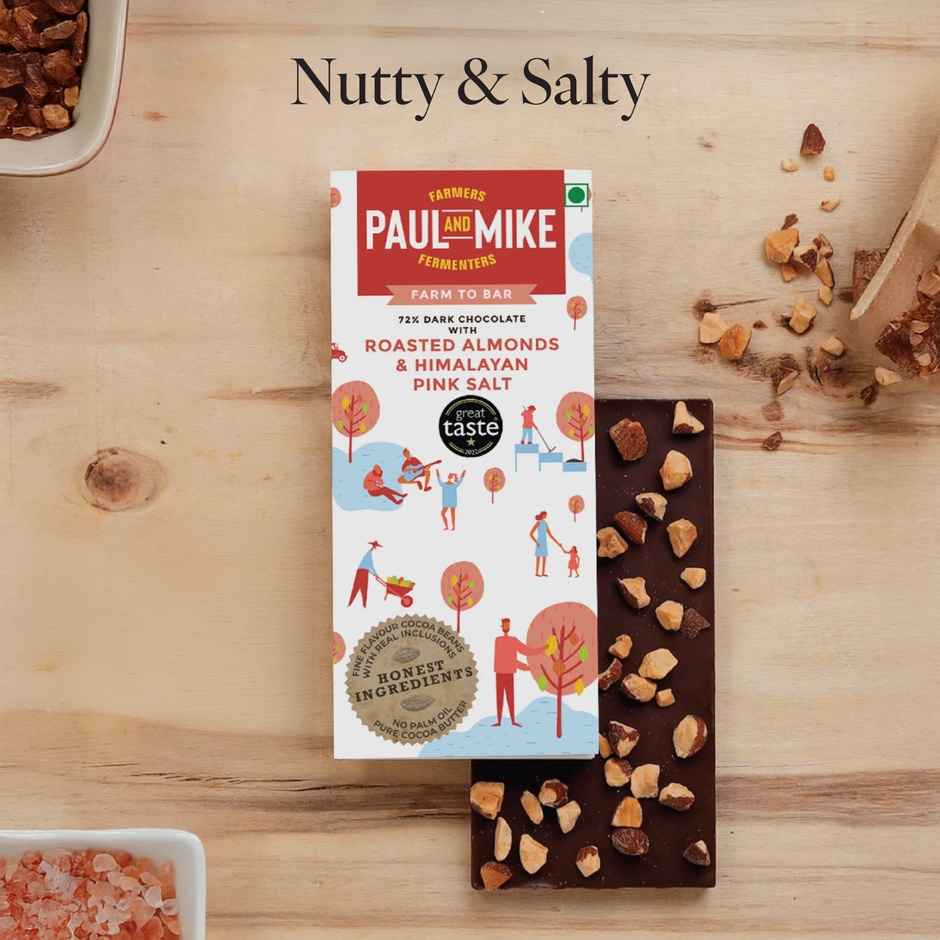 Paul And Mike 72% Dark Chocolate with Roasted Almonds & Himalayan Pink Salt
