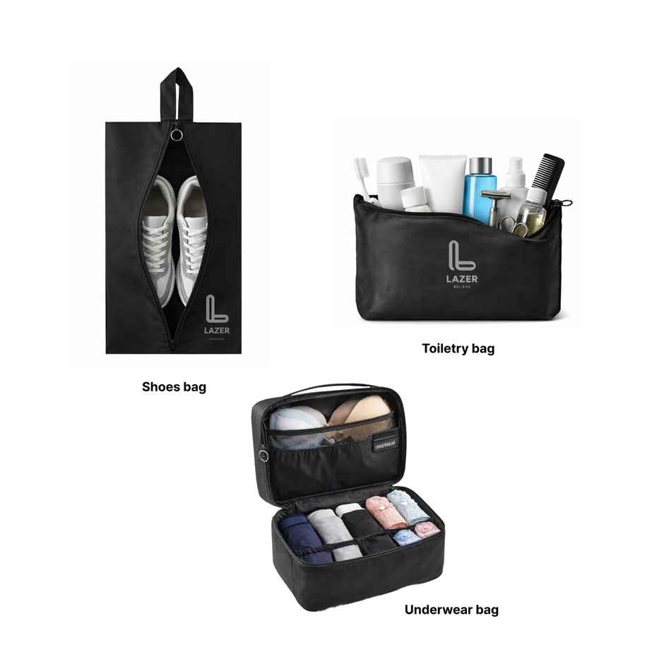Lazer Polyester Travel Organizer Bag 3 Packing Cubes + 3 Pouches + 1 Toiletry Organizer Bag | Black