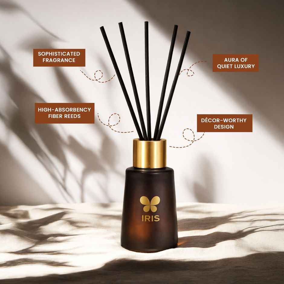 IRIS Oudh Noir Frosted Glass Reed Diffuser Set | Oil and 5 Fibre Reed sticks