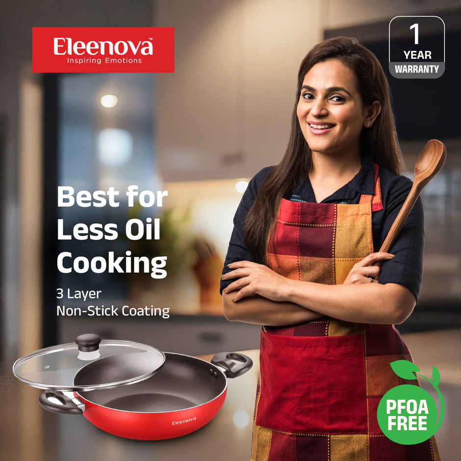 Eleenova Magic Nonstick | Non - Induction Kadai with Glass Lid | 3 Layer Non Stick Coating