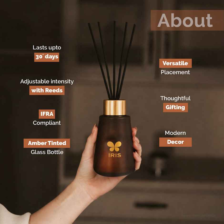 IRIS Oudh Noir Frosted Glass Reed Diffuser Set | Oil and 5 Fibre Reed sticks