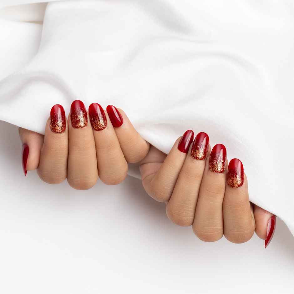 Pep Nails | Red | Glitter | Hand Nails | Round | Glossy Glitter Press On Nails | 24 Nail Tips