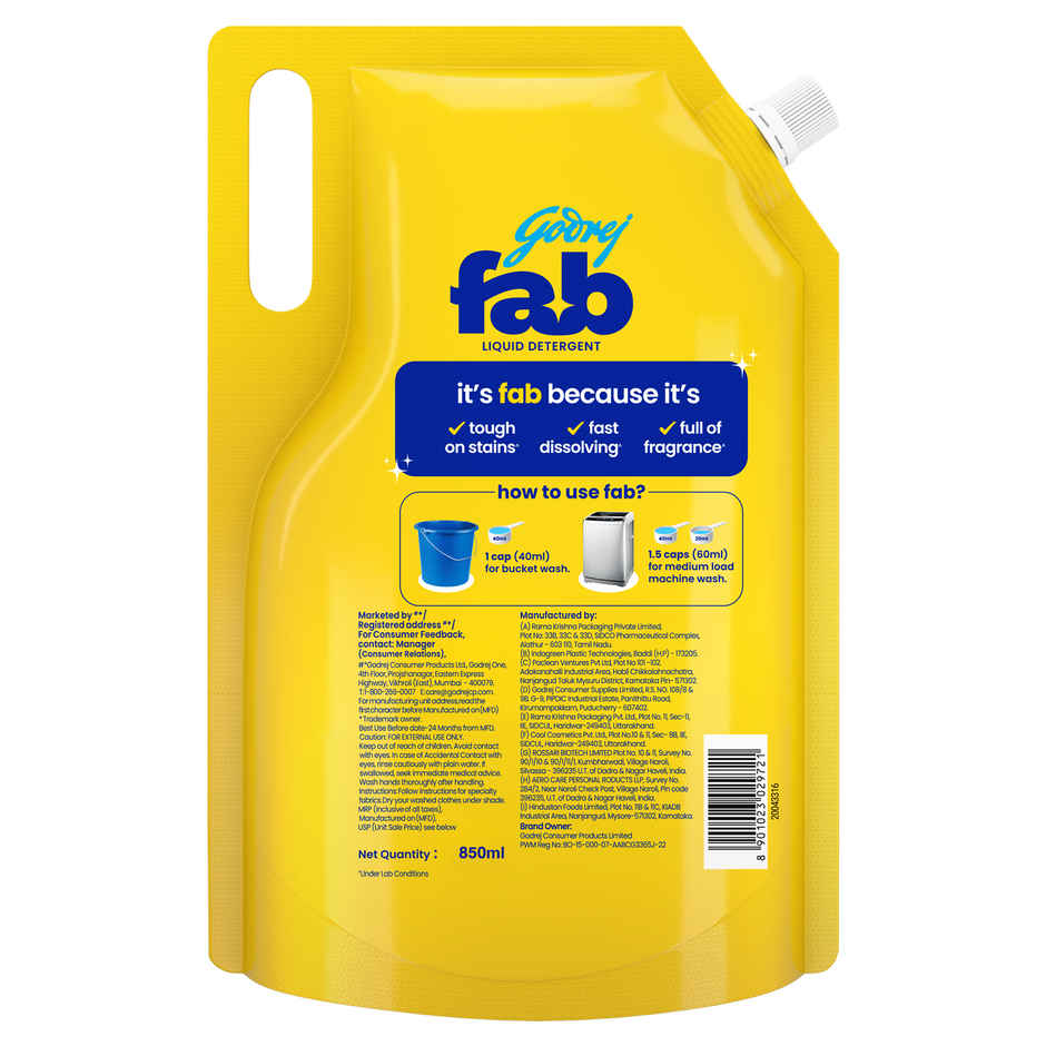 Ariel Stain Removal Top Load Washing Machine Detergent Liquid (4L) & Godrej Fab Machine & Hand Wash Detergent Liquid Refill Pouch (950ml) Combo  