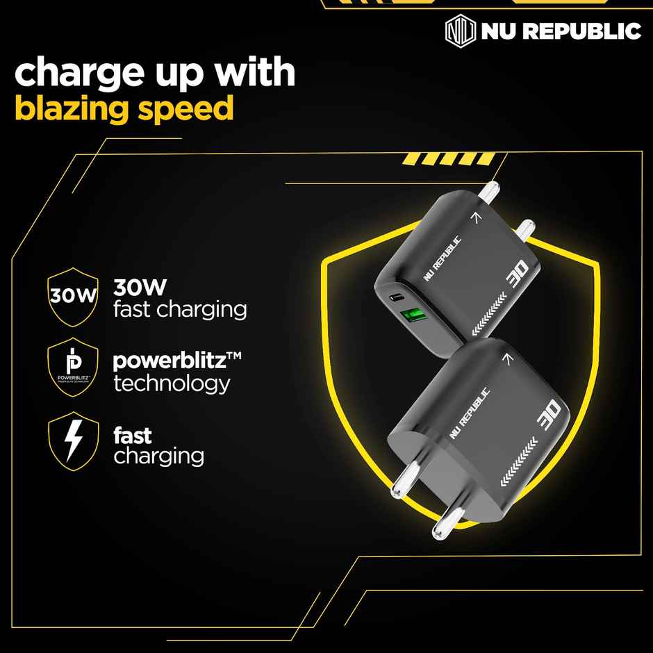 Nu Republic 30 W GaN 4 A Dual Port Mobile Charger with Detachable Cable - Black
