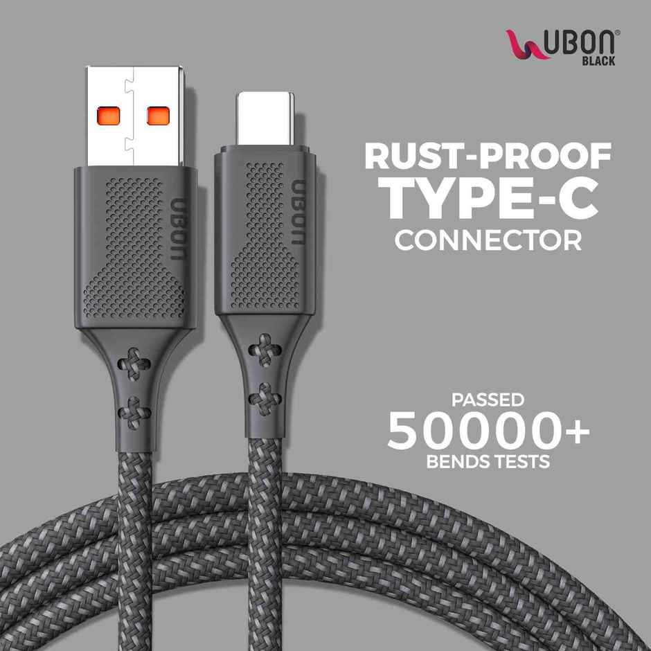 UBON Braided WR408 Type-C Cable 65W 2mtr Fast Charging Cable Unbreakable 5000+ bend Test For Smartphones,Tablets,Laptops & Other Micro USB enabled Devices,480Mbps Data Sync - Black