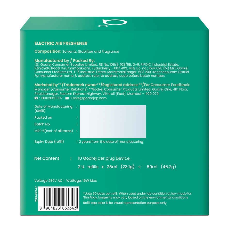 Godrej aer Plug Electric Air Freshener Machine with 2 Refills, Garden Woods Fragrance, Lasts Up to 120 Days