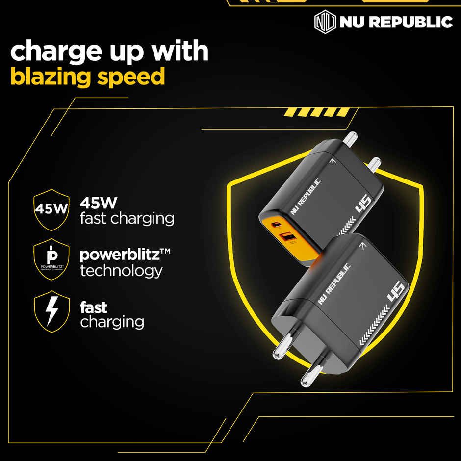 Nu Republic Cybotron 45W Dual Port Gan Superfast Wall Charger, USB & Type C Port, QC PD Technology with Type-C to C Cable, Supports MacBook, Type-C Laptops, iPhone, Samsung, OnePlus etc (Black)