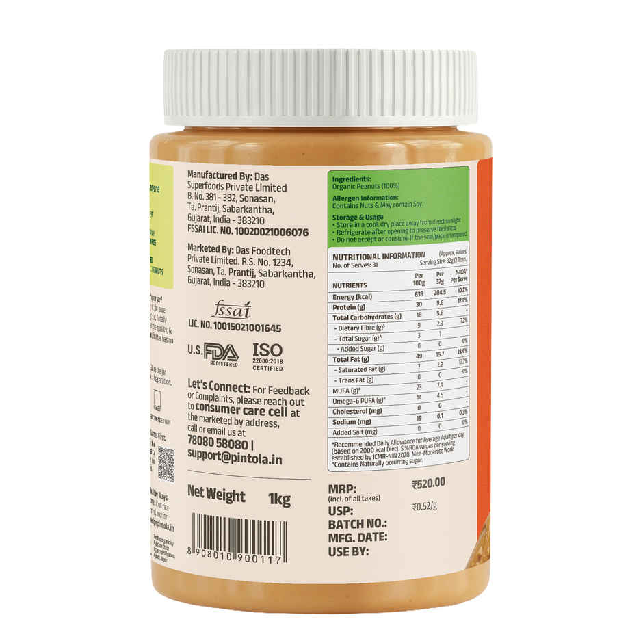 Pintola Organic Unsweetened Peanut Butter Crunchy - High Protein 30G & 9G Dietary Fiber