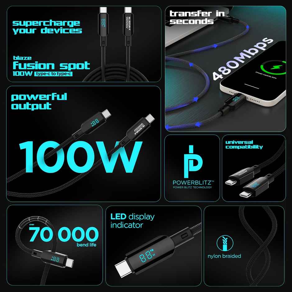 Nu Republic Blaze Fusion Spot 100W With Led Display Data Charging Cable (Type-C To Type-C, Black)